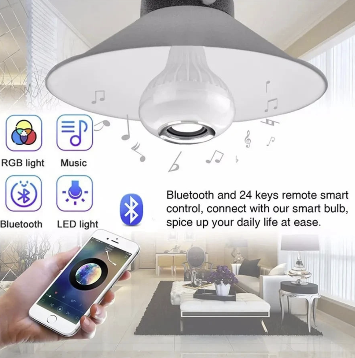 RGB LED Bluetooth speaker light bulb with E27 base, dimmable, color-changing lighting, compatible with wireless audio devices.