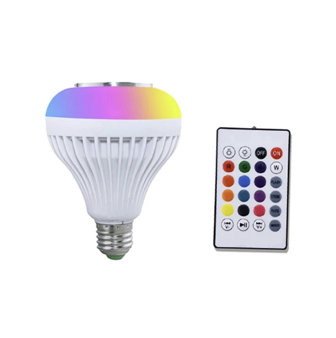 RGB LED Bluetooth speaker light bulb with dimmable E27 fitting, showcasing colorful lighting and speaker controls.