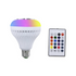 RGB LED Bluetooth speaker light bulb with dimmable E27 fitting, showcasing colorful lighting and speaker controls.