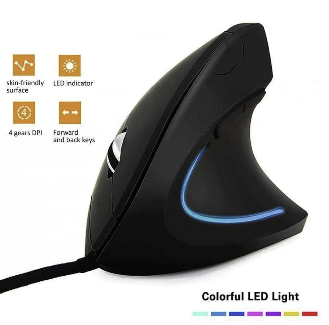 Wired vertical ergonomic mouse with RGB LED lighting, designed for right-handed users by Tech Viral To You Limited.