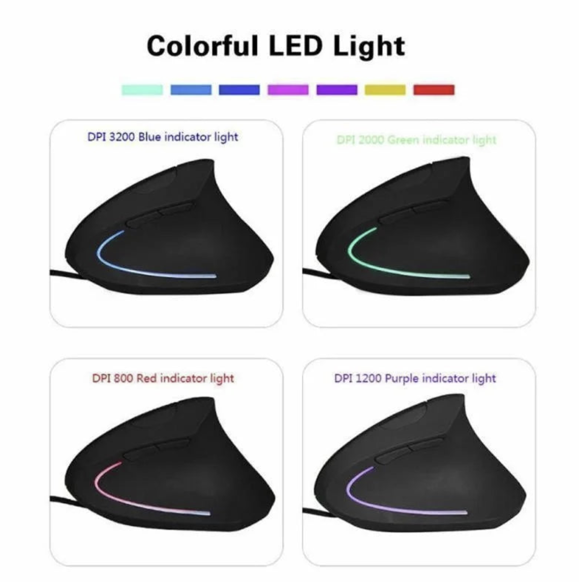 Wired vertical ergonomic mouse with RGB LED lighting for right-handed users, designed for comfortable use and precise control.