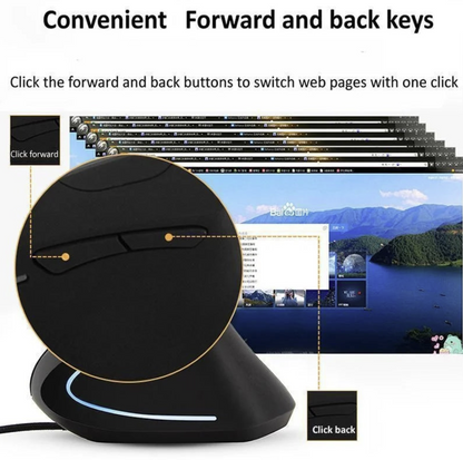 Wired vertical ergonomic mouse with RGB LED lighting designed for right-handed use, by Tech Viral To You Limited.