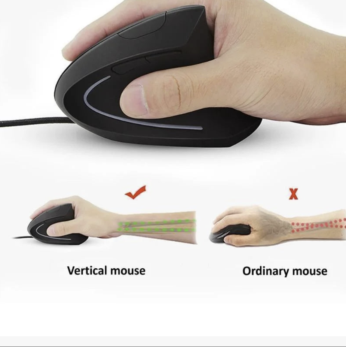 Wired vertical ergonomic mouse with RGB LED lighting, designed for right-handed users by Tech Viral To You Limited.