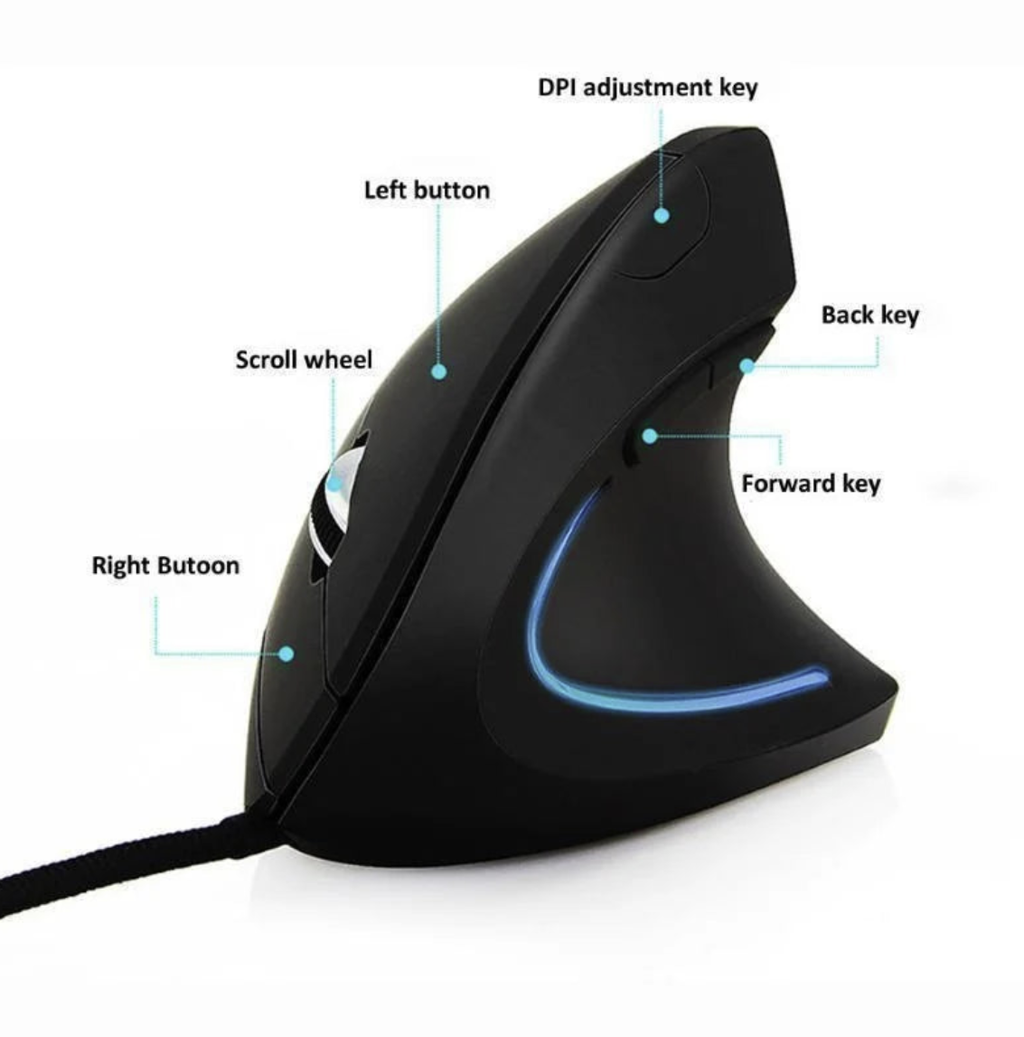Wired ergonomic vertical mouse with RGB LED lighting designed for right-handed use by Tech Viral To You Limited.