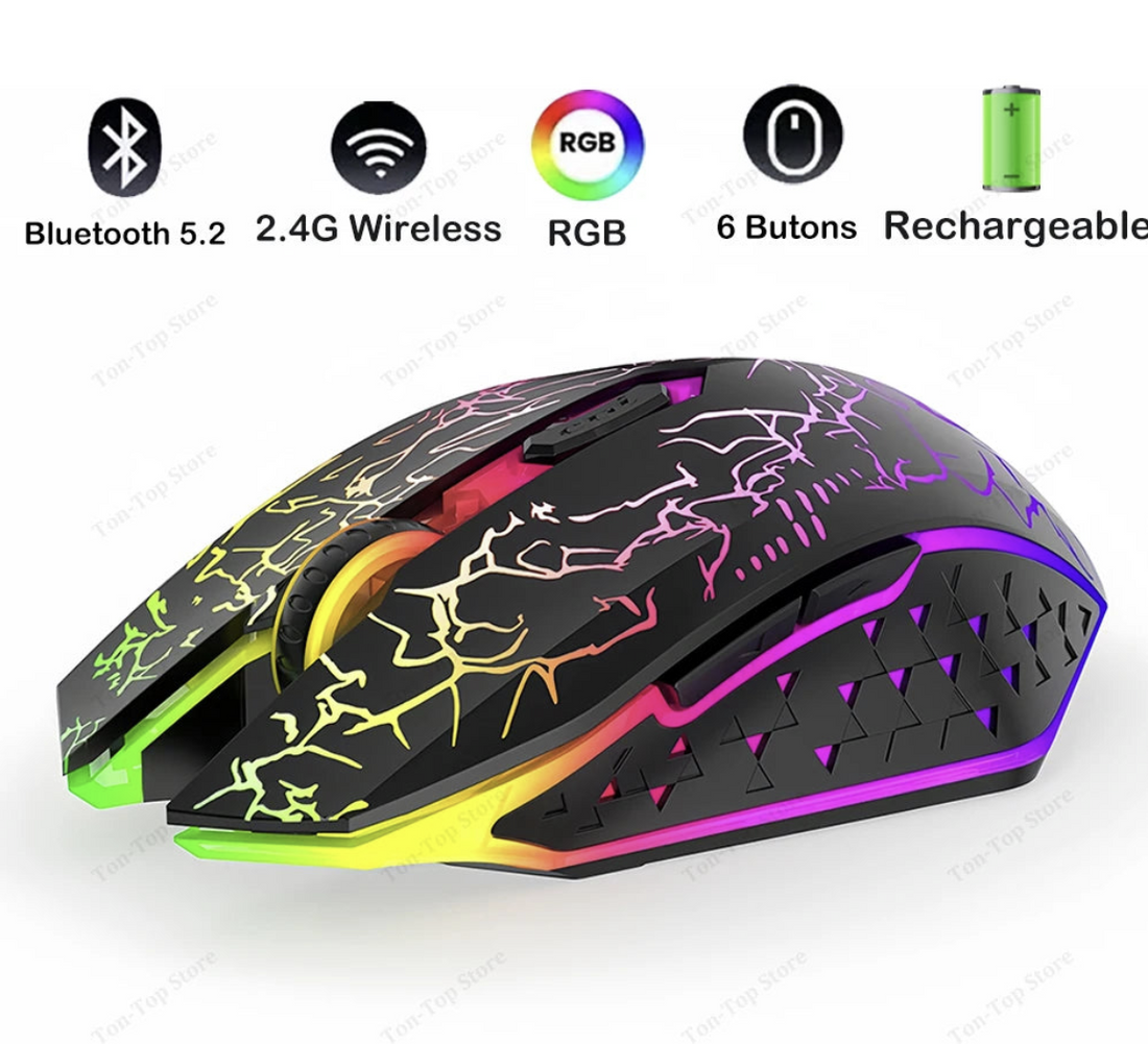 Silent RGB wireless mouse by Tech Viral To You Limited featuring Bluetooth 5.2 and 2.4G connectivity with customizable RGB lighting.