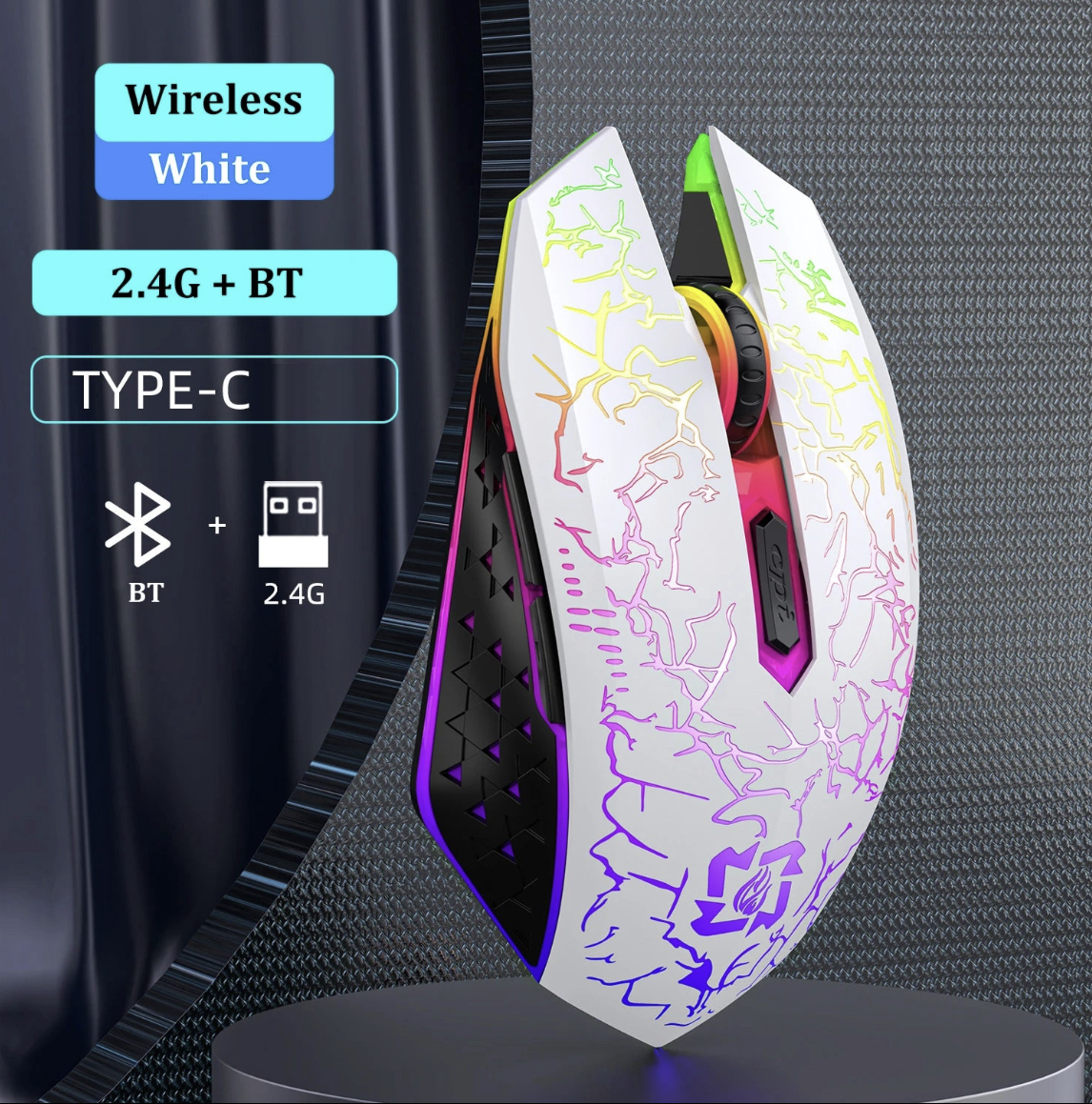 Wireless Tech Viral To You Limited Silent RGB Mouse with Bluetooth 5.2 and 2.4G connectivity, showing customizable RGB lighting.