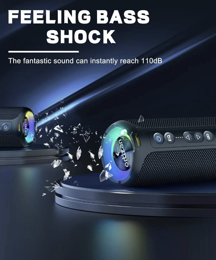 Ortizan 40W Bluetooth speaker with LED lights, deep bass, waterproof design, ideal for outdoor use.