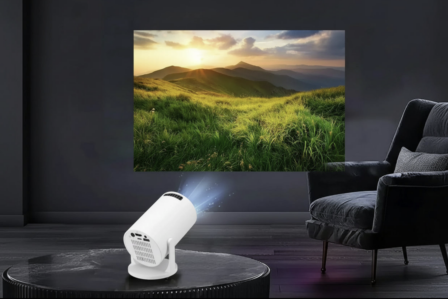 Portable 4K Mini Projector with Android 11, compact design, connected to a screen displaying high-resolution visuals.