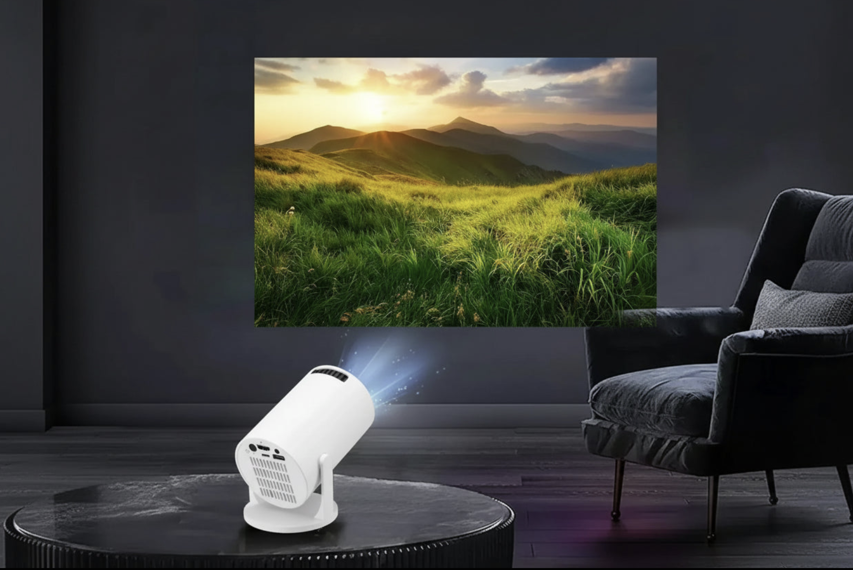 Portable 4K Mini Projector with Android 11, compact design, connected to a screen displaying high-resolution visuals.
