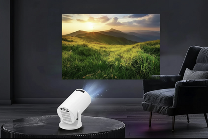 Portable 4K Mini Projector with Android 11, compact design, connected to a screen displaying high-resolution visuals.