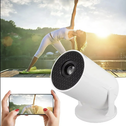 Portable 4K Mini Projector with Android 11 interface, showing a bright image on a wall. Magcubic HY300 by Tech Viral To You Limited.
