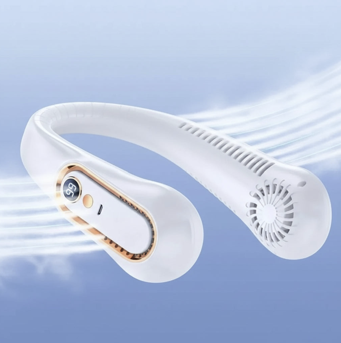Portable bladeless neck fan by Tech Viral To You Limited, USB rechargeable with 100 adjustable speeds, worn around the neck.