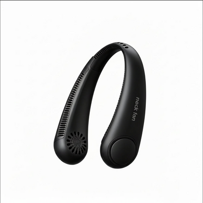 Tech Viral To You Limited portable bladeless neck fan with USB recharge, showing a user wearing the fan around the neck.