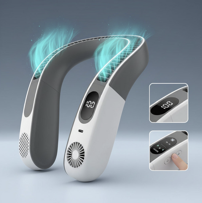 Portable bladeless neck fan by Tech Viral To You Limited, USB rechargeable with 100-speed settings, worn around the neck.