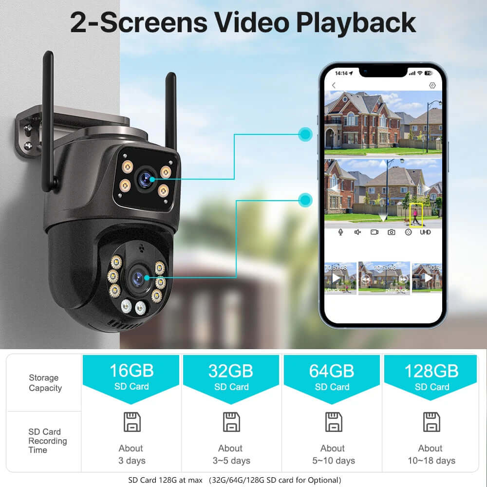 UDECER 4K 8MP outdoor WiFi PTZ security camera with dual lenses, AI auto tracking, and night vision for surveillance.