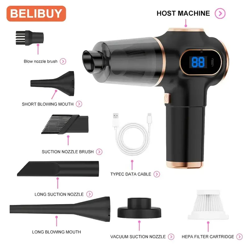 Black and rose gold handheld device with attachments and accessories on a white background, featuring BELIBUY branding.